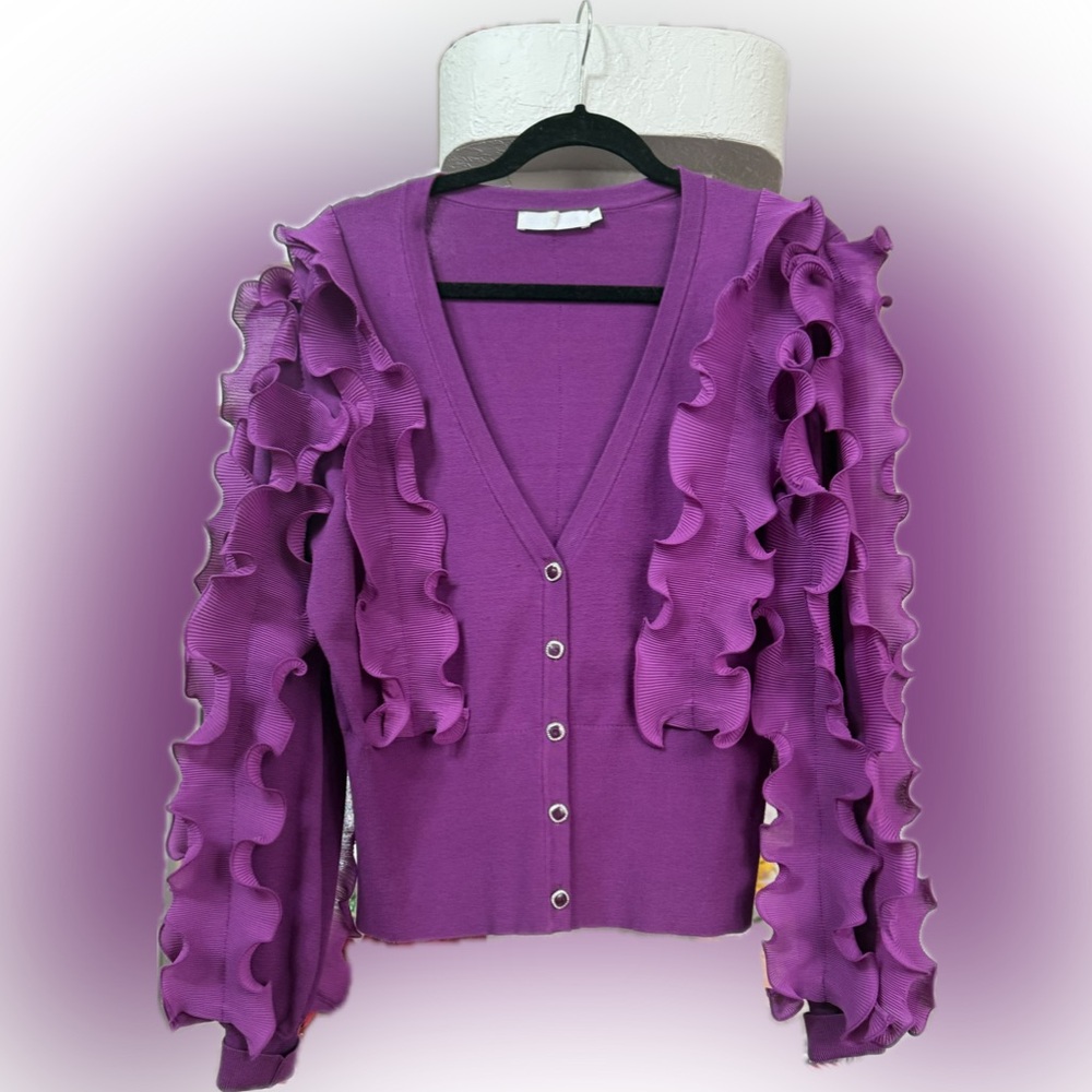 Anne Fontaine, Celine Cardigan Purple Ruffled Women's‎ Sweater size 12 - Picture 2 of 4